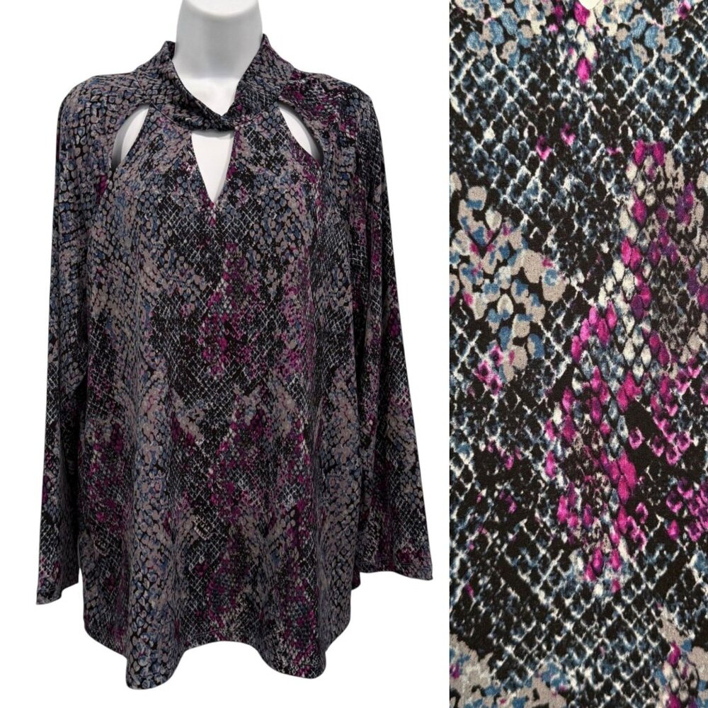 Susan Graver Liquid Knit Snake Print Tunic Top Mock Neck Keyhole Cutouts Size 1X